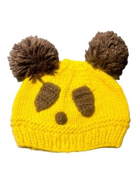 Panda Yellow Knit Beanie with Brown Pom Pom Ears